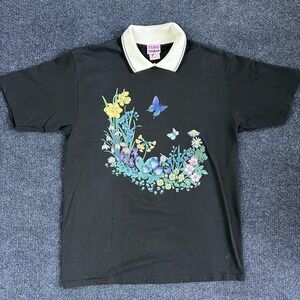 Vintage Daybreak Polo Shirt Womens Large Black Floral Butterfly Graphic USA